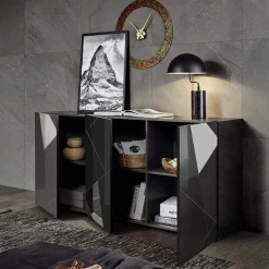 Garnero Arredamenti Credenze Moderne|Madie Moderne-Madia 181x84h cm 3 ante grigio lucido specchio con serigrafia Olimpo Antracite