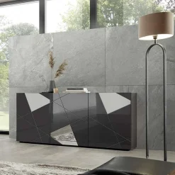 Garnero Arredamenti Credenze Moderne|Madie Moderne-Madia 181x84h cm 3 ante grigio lucido specchio con serigrafia Olimpo Antracite