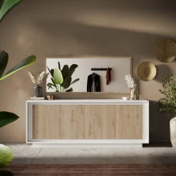 Garnero Arredamenti Credenze Moderne|Madie Moderne-Madia 207x80h cm 4 ante moderna bianco opaco rovere chiaro Deluxe Rovere - Bianco opaco