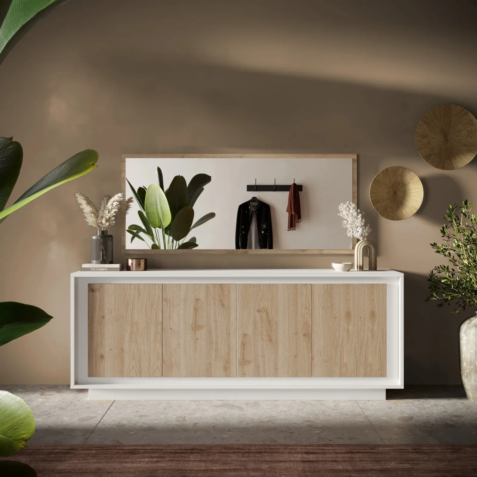 Garnero Arredamenti Credenze Moderne|Madie Moderne-Madia 207x80h cm 4 ante moderna bianco opaco rovere chiaro Deluxe Rovere - Bianco opaco