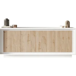 Garnero Arredamenti Credenze Moderne|Madie Moderne-Madia 207x80h cm 4 ante moderna bianco opaco rovere chiaro Deluxe Rovere - Bianco opaco