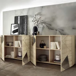 Garnero Arredamenti Credenze Moderne|Madie Moderne-Madia 241x84h cm 4 ante moderna samoa specchio con serigrafia Olimpo Rovere