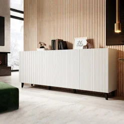 Garnero Arredamenti Credenze Moderne-Madia 201x83h cm 4 ante moderna cannettato bianco Essence Bianco Opaco