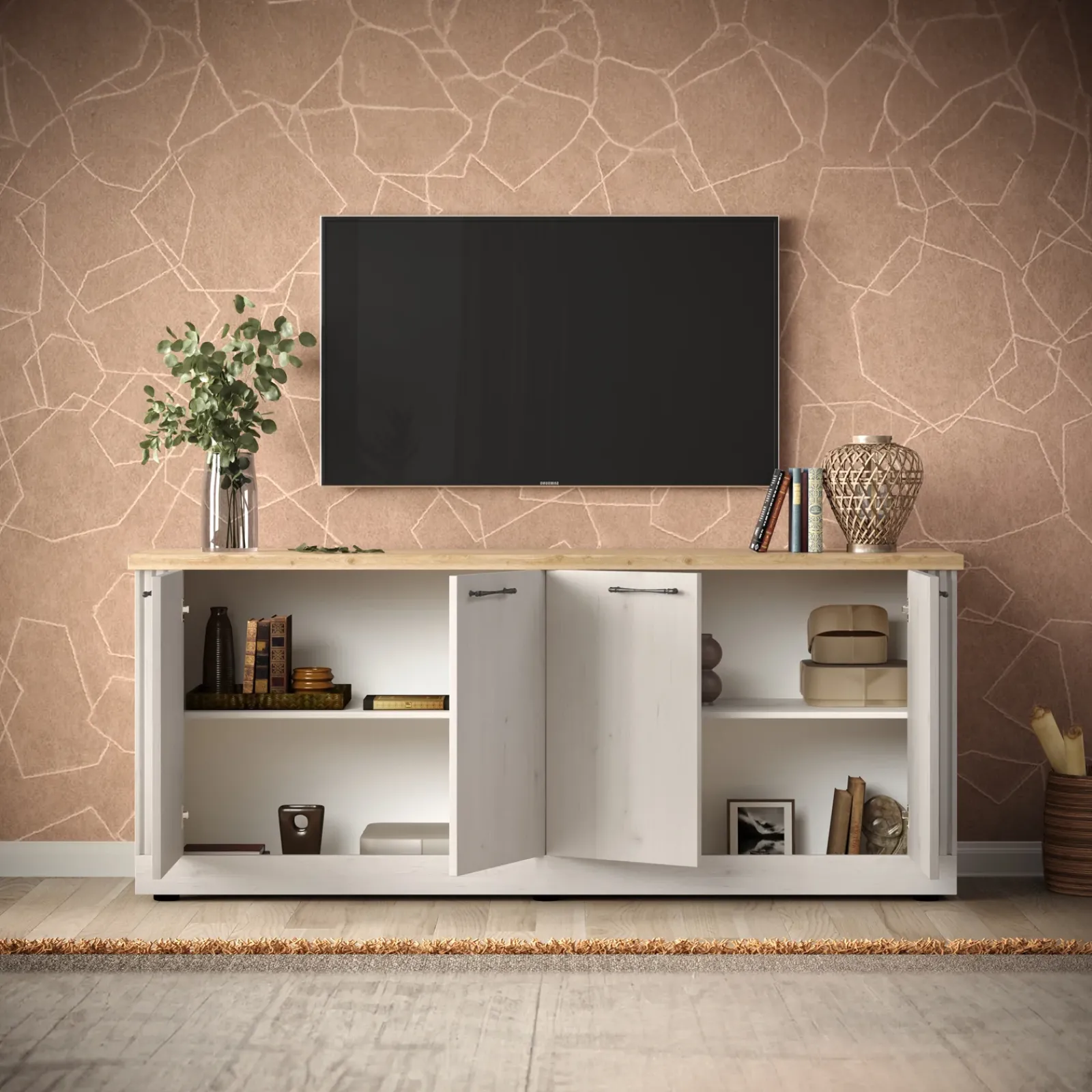 Garnero Arredamenti Madie Moderne|Madie Moderne-Madia 211x88h cm 4 ante moderna soggiorno rovere bianco frassinato Doria