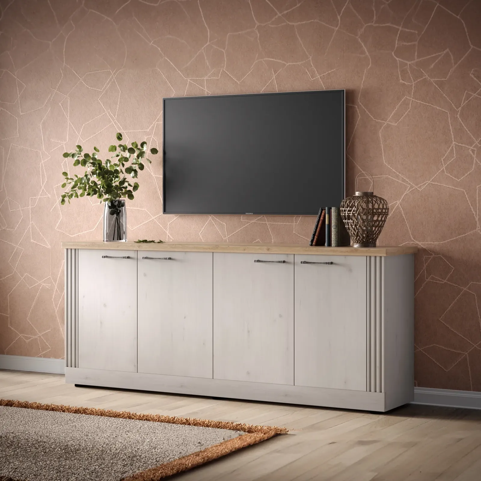 Garnero Arredamenti Madie Moderne|Madie Moderne-Madia 211x88h cm 4 ante moderna soggiorno rovere bianco frassinato Doria