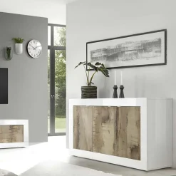 Garnero Arredamenti Credenze Moderne|Madie Moderne-Madia 160x86h cm 3 ante moderna bianco lucido pero Eternity Rovere - Bianco Lucido