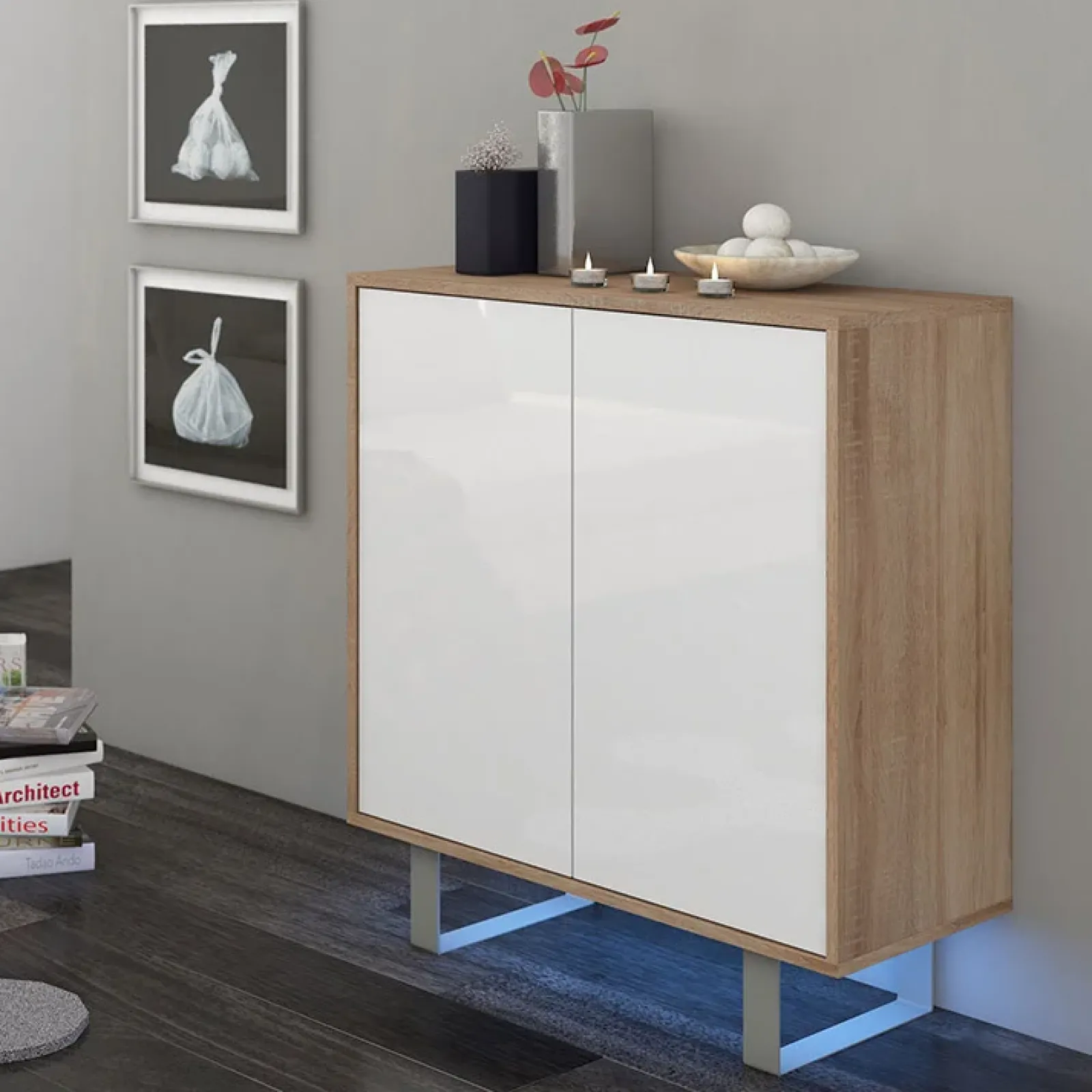 Garnero Arredamenti Credenze Moderne|Madie Moderne-Madia 80x90h cm 2 ante moderna rovere bianco lucido Kelli Gihome® Bianco Lucido - Rovere