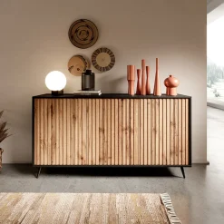 Garnero Arredamenti Credenze Moderne|Madie Moderne-Madia 154x78h cm 3 ante moderna rovere cannettato nero Celestia Rovere Rustico - Nero opaco