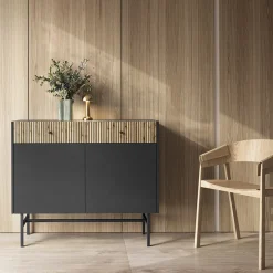 Garnero Arredamenti Credenze Moderne|Madie Moderne-Madia 105x90h cm 2 ante moderna nero rovere cannettato Eterna Nero Opaco - Rovere Rustico