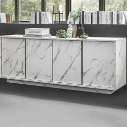 Garnero Arredamenti Credenze Moderne|Madie Moderne-Madia 180x79h cm 4 ante moderna effetto Viking Marmo bianco