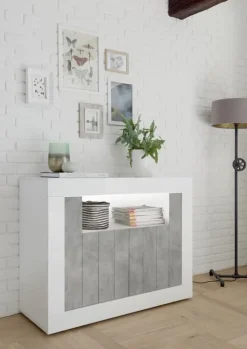 Garnero Arredamenti Credenze Moderne|Madie Moderne-Madia 110x86h cm 2 ante moderna soggiorno bianco lucido cemento Florena Bianco Lucido - Cemento