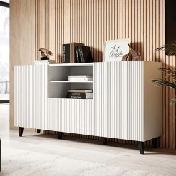 Garnero Arredamenti Madie Moderne|Madie Moderne-Madia 151x83h cm 3 ante moderna industrial cannettato bianco Essence Bianco Opaco