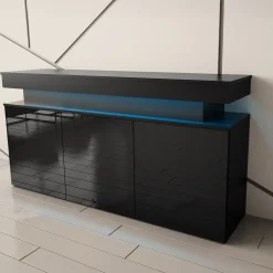 Garnero Arredamenti Credenze Moderne|Madie Moderne-Madia 160x83h cm 3 ante moderna con led nero Lumus Nero Lucido