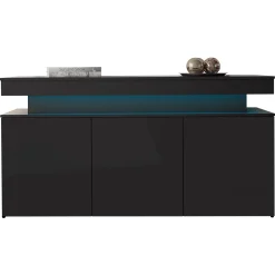 Garnero Arredamenti Credenze Moderne|Madie Moderne-Madia 160x83h cm 3 ante moderna con led nero Lumus Nero Lucido
