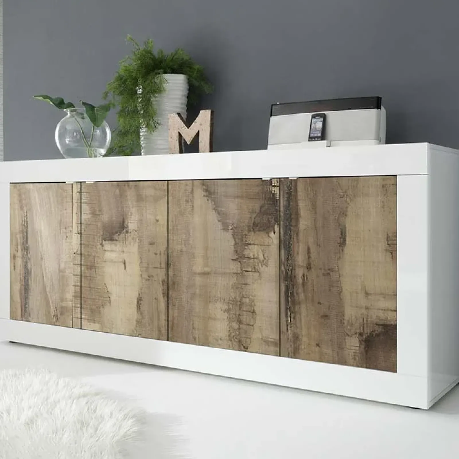 Garnero Arredamenti Credenze Moderne|Madie Moderne-Madia 207x86h cm 4 ante moderna soggiorno bianco lucido pero Eternity Rovere - Bianco Lucido