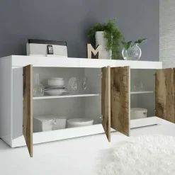 Garnero Arredamenti Credenze Moderne|Madie Moderne-Madia 207x86h cm 4 ante moderna soggiorno bianco lucido pero Eternity Rovere - Bianco Lucido