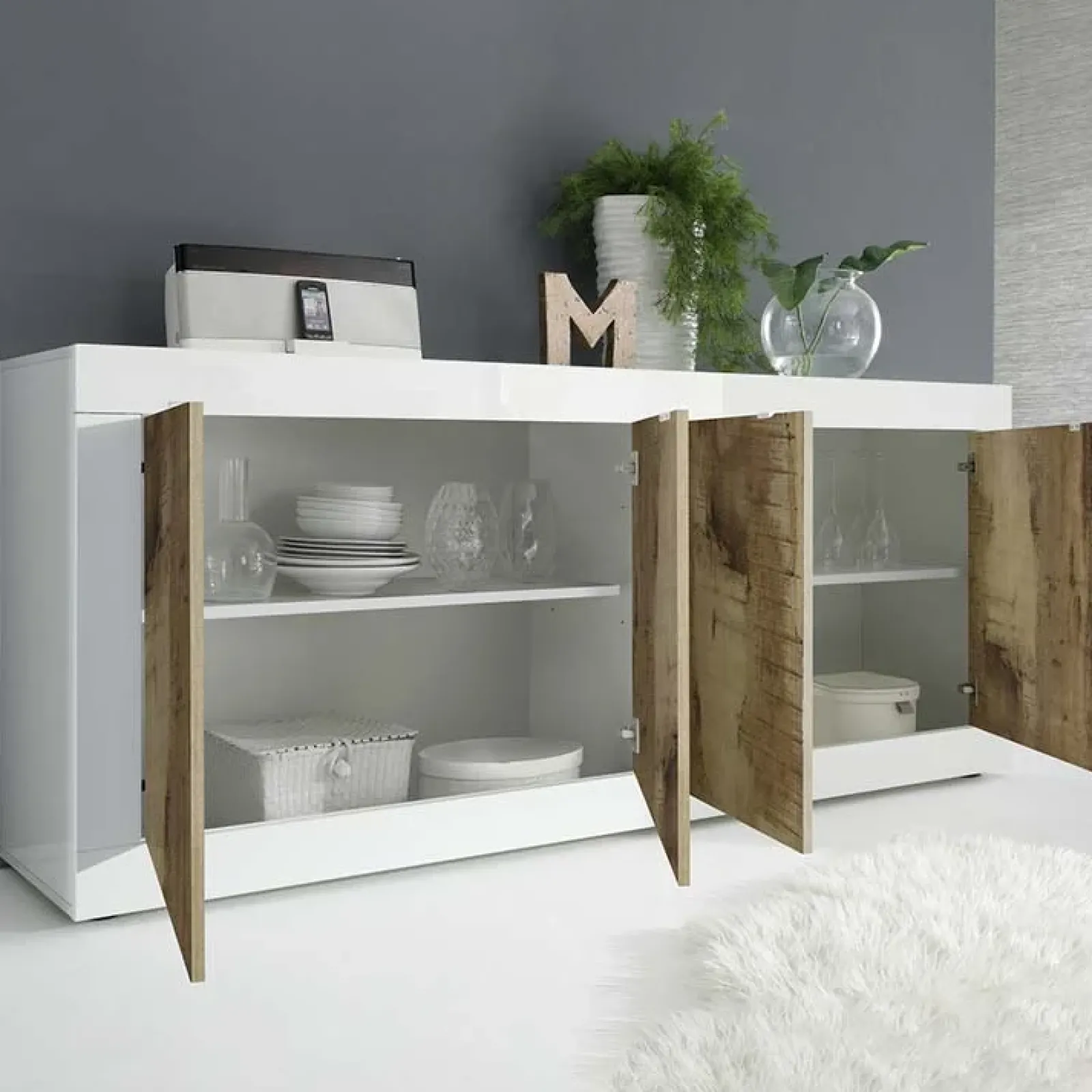 Garnero Arredamenti Credenze Moderne|Madie Moderne-Madia 207x86h cm 4 ante moderna soggiorno bianco lucido pero Eternity Rovere - Bianco Lucido