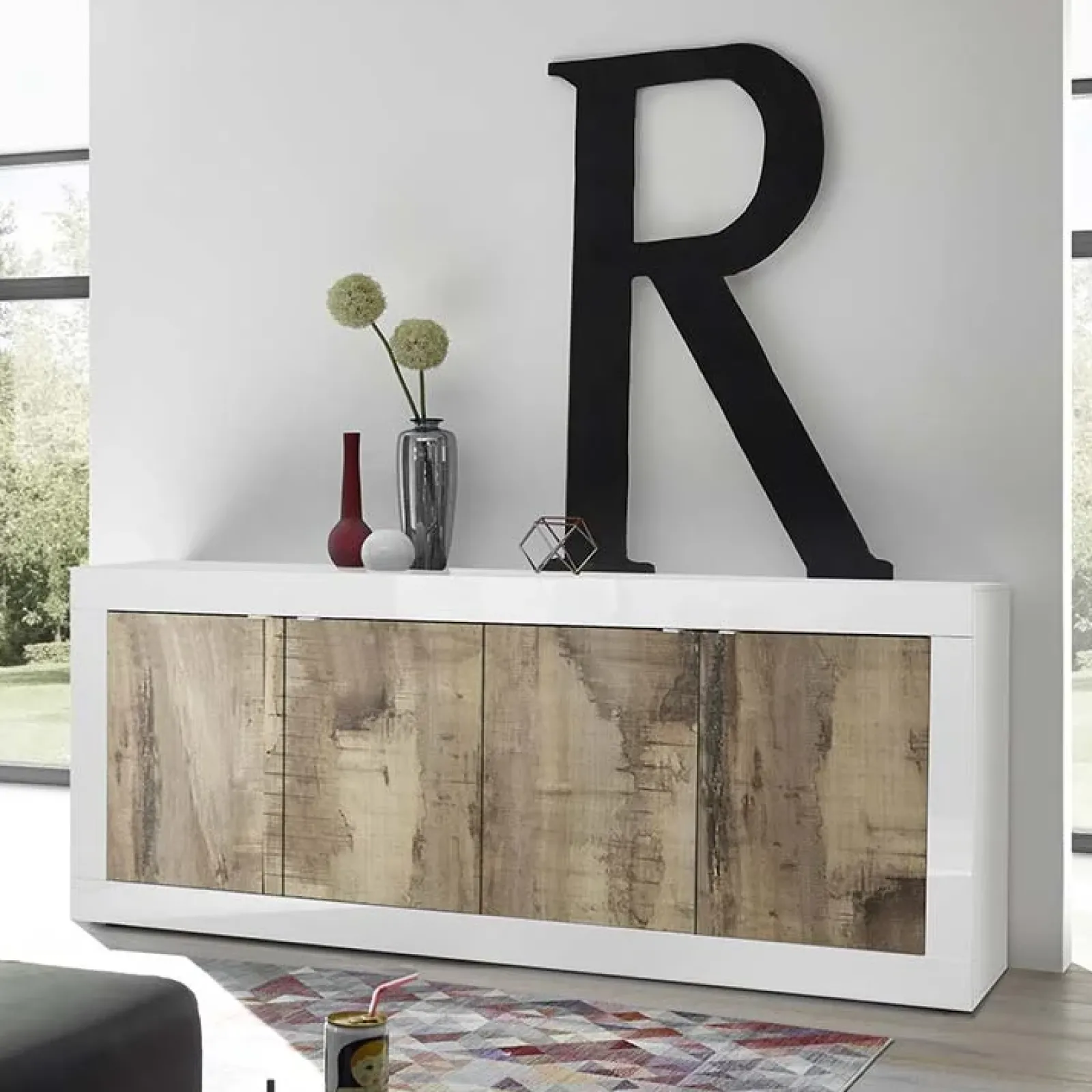 Garnero Arredamenti Credenze Moderne|Madie Moderne-Madia 207x86h cm 4 ante moderna soggiorno bianco lucido pero Eternity Rovere - Bianco Lucido