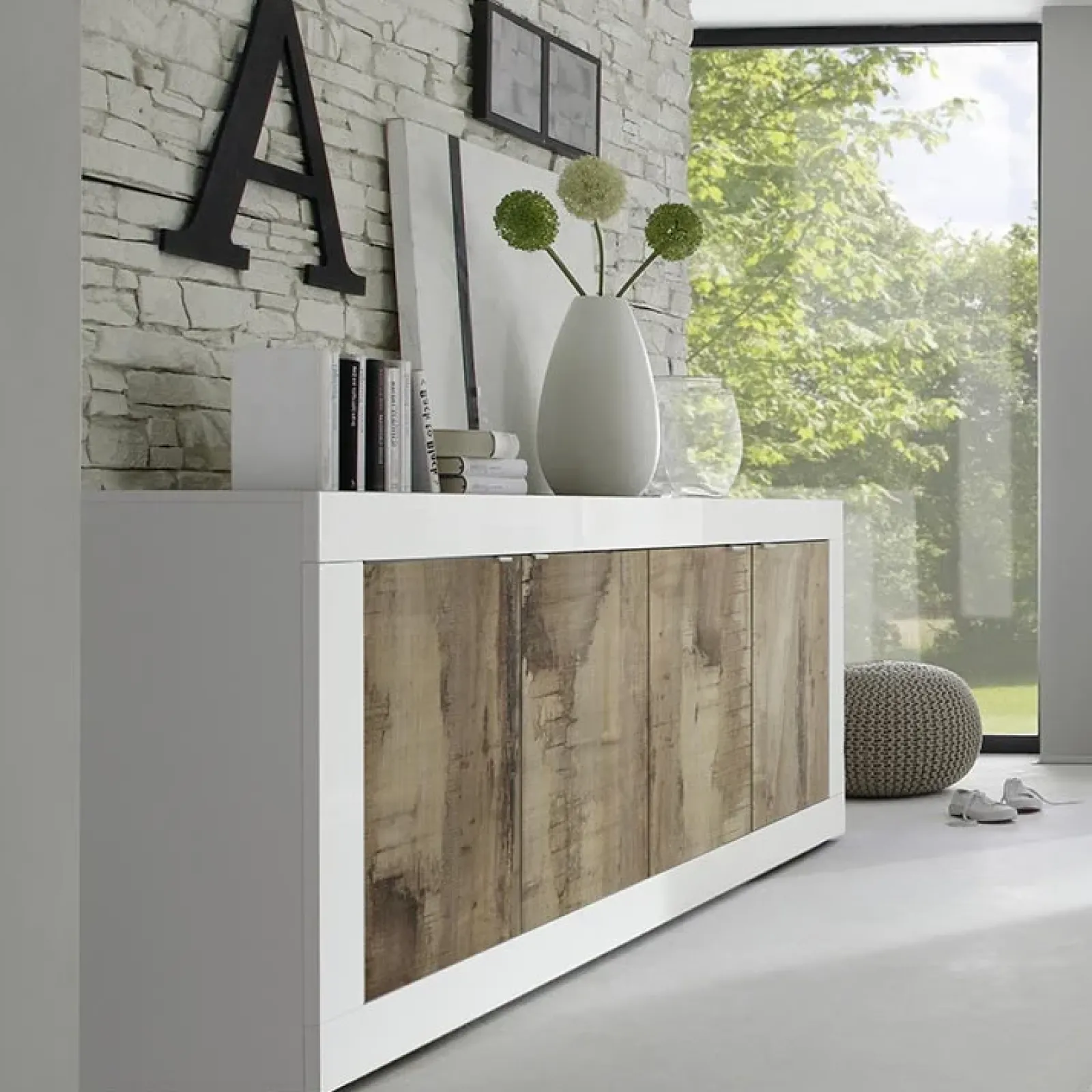 Garnero Arredamenti Credenze Moderne|Madie Moderne-Madia 207x86h cm 4 ante moderna soggiorno bianco lucido pero Eternity Rovere - Bianco Lucido