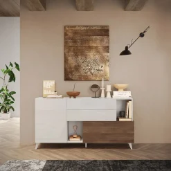 Garnero Arredamenti Credenze Moderne|Madie Moderne-Madia 181x94h cm 2 ante moderna bianco lucido rovere scuro Witty Noce - Bianco Lucido