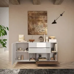 Garnero Arredamenti Credenze Moderne|Madie Moderne-Madia 181x94h cm 2 ante moderna bianco lucido rovere scuro Witty Noce - Bianco Lucido