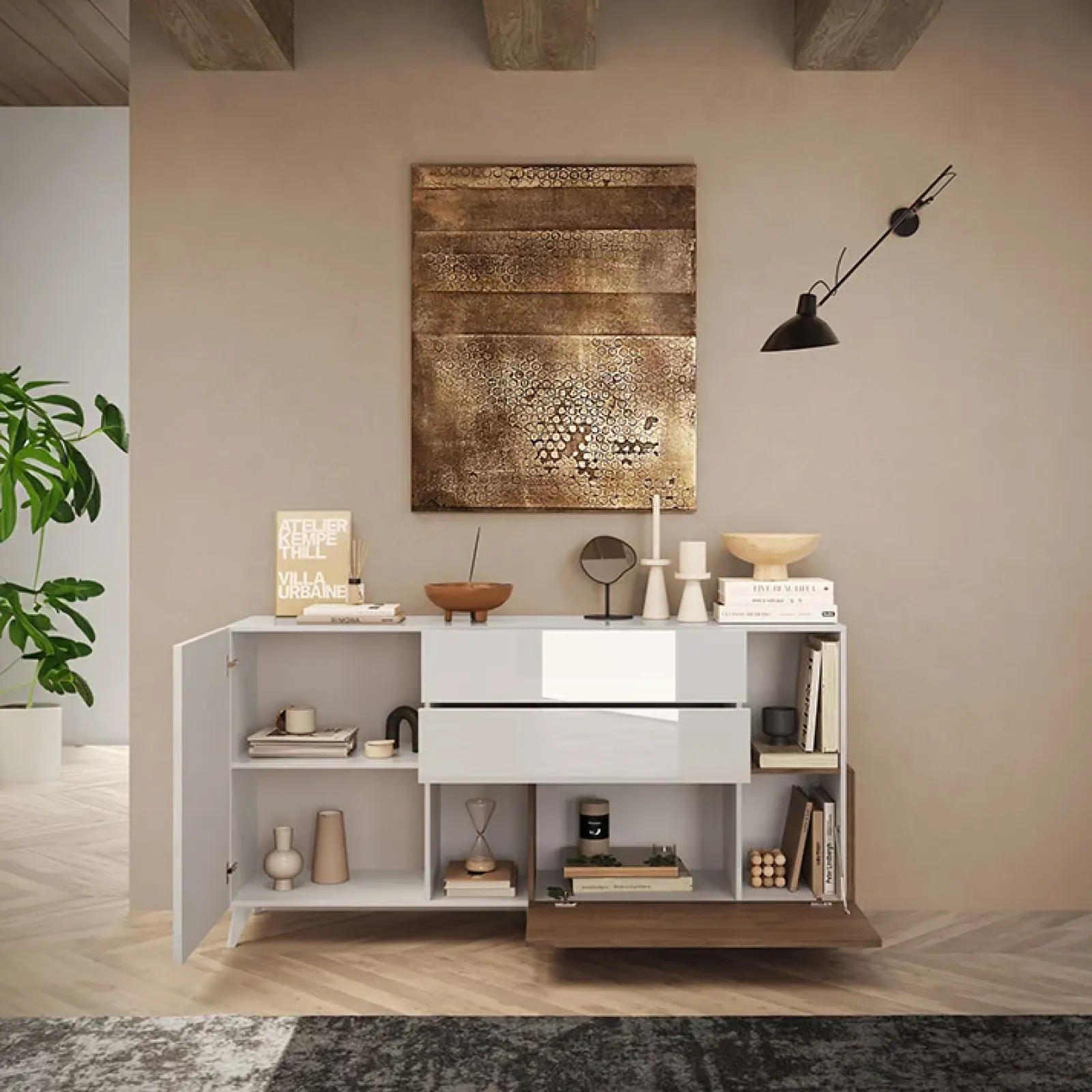 Garnero Arredamenti Credenze Moderne|Madie Moderne-Madia 181x94h cm 2 ante moderna bianco lucido rovere scuro Witty Noce - Bianco Lucido