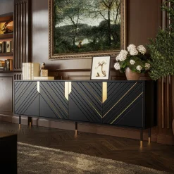 Garnero Arredamenti Credenze Moderne|Madie Moderne-Madia 204x72h cm 4 ante moderna design nero oro Golden
