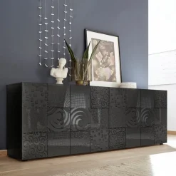 Garnero Arredamenti Credenze Moderne|Madie Moderne-Madia 241x84h cm 4 ante moderna grigio scuro con serigrafia Paradise Antracite