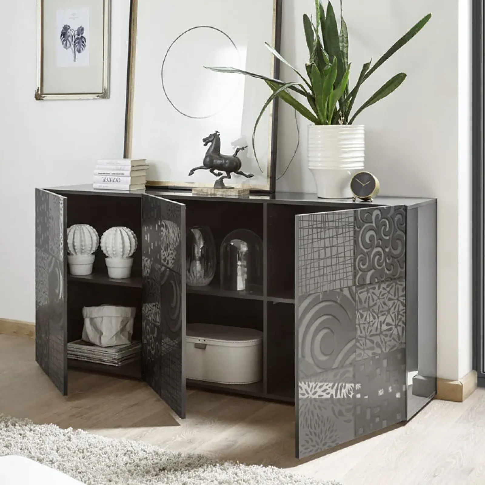 Garnero Arredamenti Credenze Moderne|Madie Moderne-Madia 181x84h cm 3 ante moderna soggiorno grigio Paradise Antracite