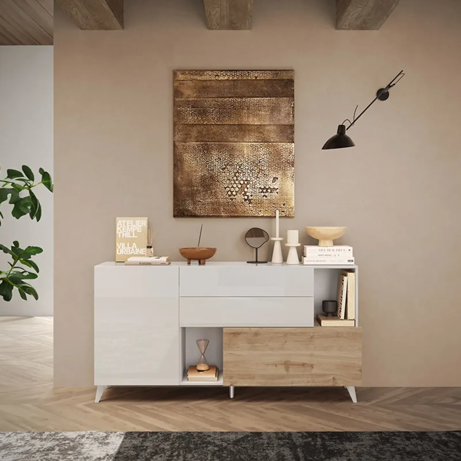 Garnero Arredamenti Credenze Moderne|Madie Moderne-Madia 181x94h cm 2 ante moderna bianco lucido rovere chiaro Witty Rovere - Bianco Lucido