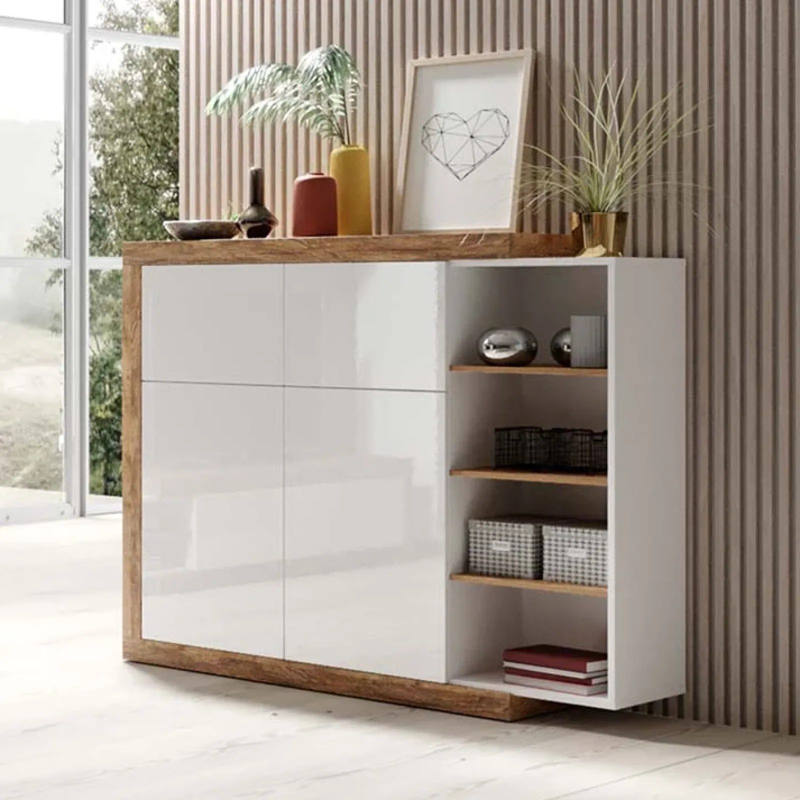 Garnero Arredamenti Credenze Moderne|Madie Moderne-Madia 151x128h cm 4 ante moderna bianco lucido rovere Aria