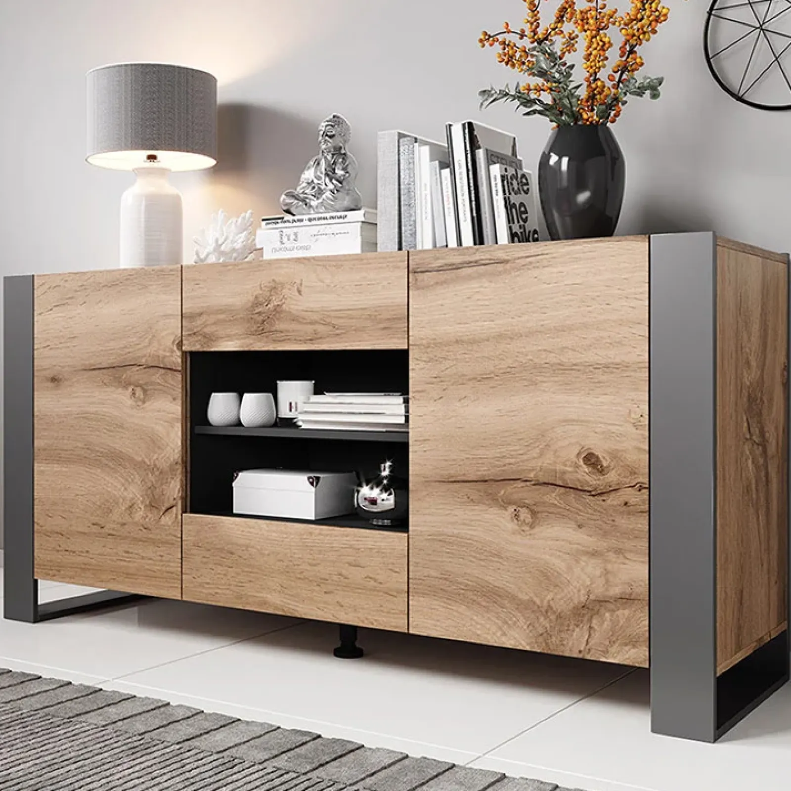 Garnero Arredamenti Madie Moderne|Madie Moderne-Madia 164x80h cm 2 ante moderna soggiorno rovere grigio Tampere