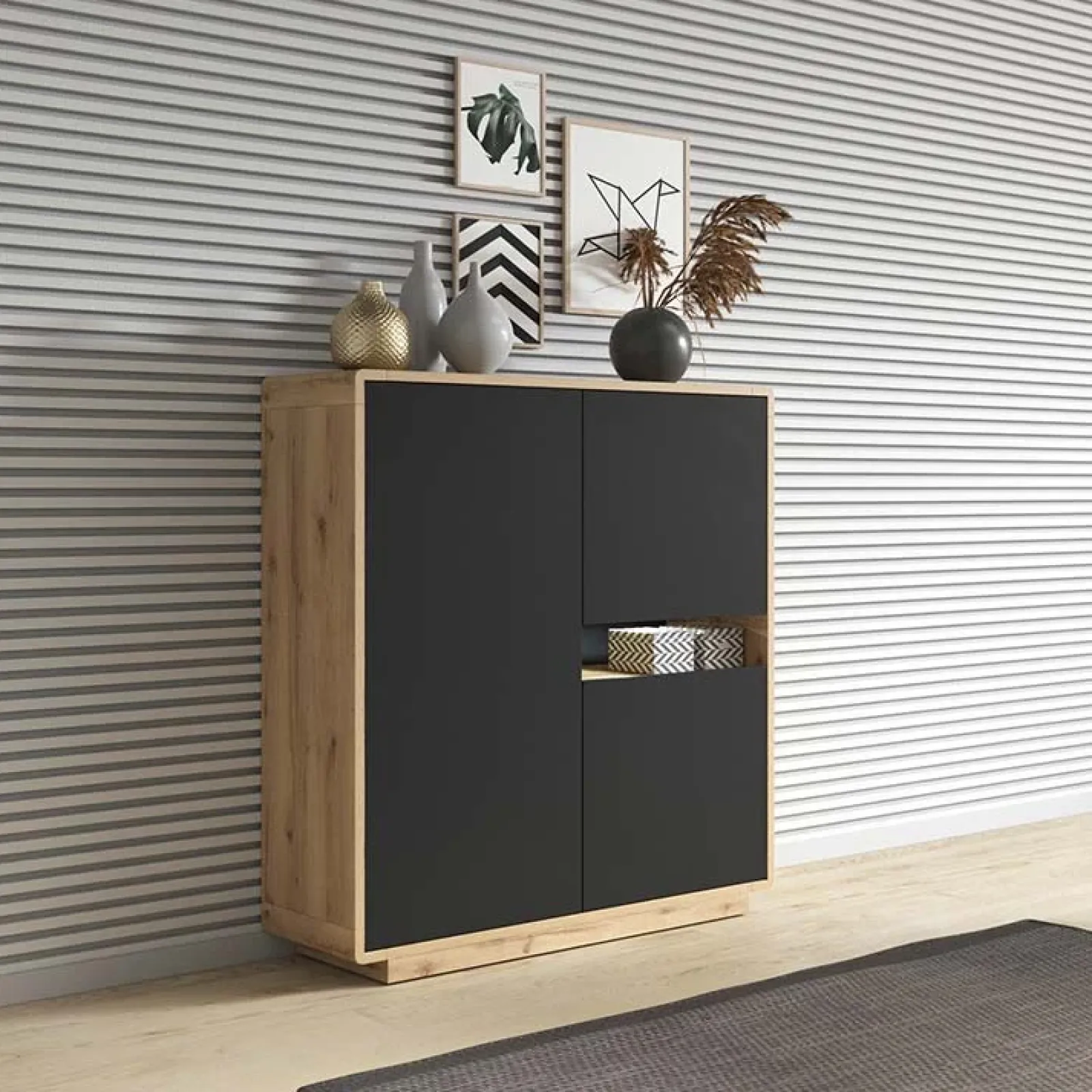 Garnero Arredamenti Credenze Moderne|Madie Moderne-Madia 121x126h cm 3 ante moderna nero opaco rovere Esmond