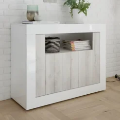 Garnero Arredamenti Credenze Moderne|Madie Moderne-Madia 110x86h cm 2 ante moderna soggiorno bianco lucido bianco frassinato Florena Bianco Lucido - Bianco Frassinato