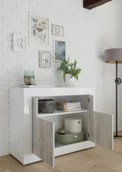 Garnero Arredamenti Credenze Moderne|Madie Moderne-Madia 110x86h cm 2 ante moderna soggiorno bianco lucido bianco frassinato Florena Bianco Lucido - Bianco Frassinato