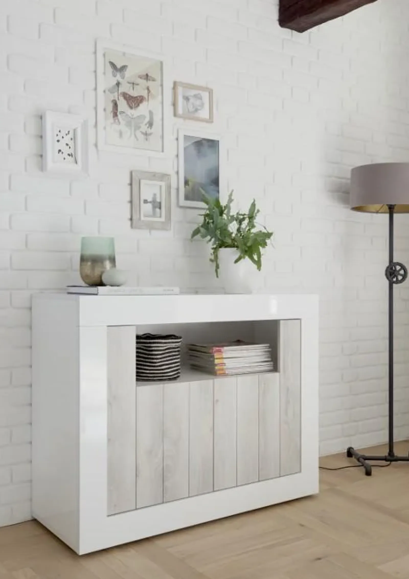 Garnero Arredamenti Credenze Moderne|Madie Moderne-Madia 110x86h cm 2 ante moderna soggiorno bianco lucido bianco frassinato Florena Bianco Lucido - Bianco Frassinato