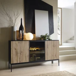 Garnero Arredamenti Madie Moderne|Madie Moderne-Madia 153x83h cm 3 ante moderna nero rovere antico cannettato Bali