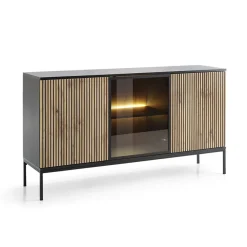 Garnero Arredamenti Madie Moderne|Madie Moderne-Madia 153x83h cm 3 ante moderna nero rovere antico cannettato Bali