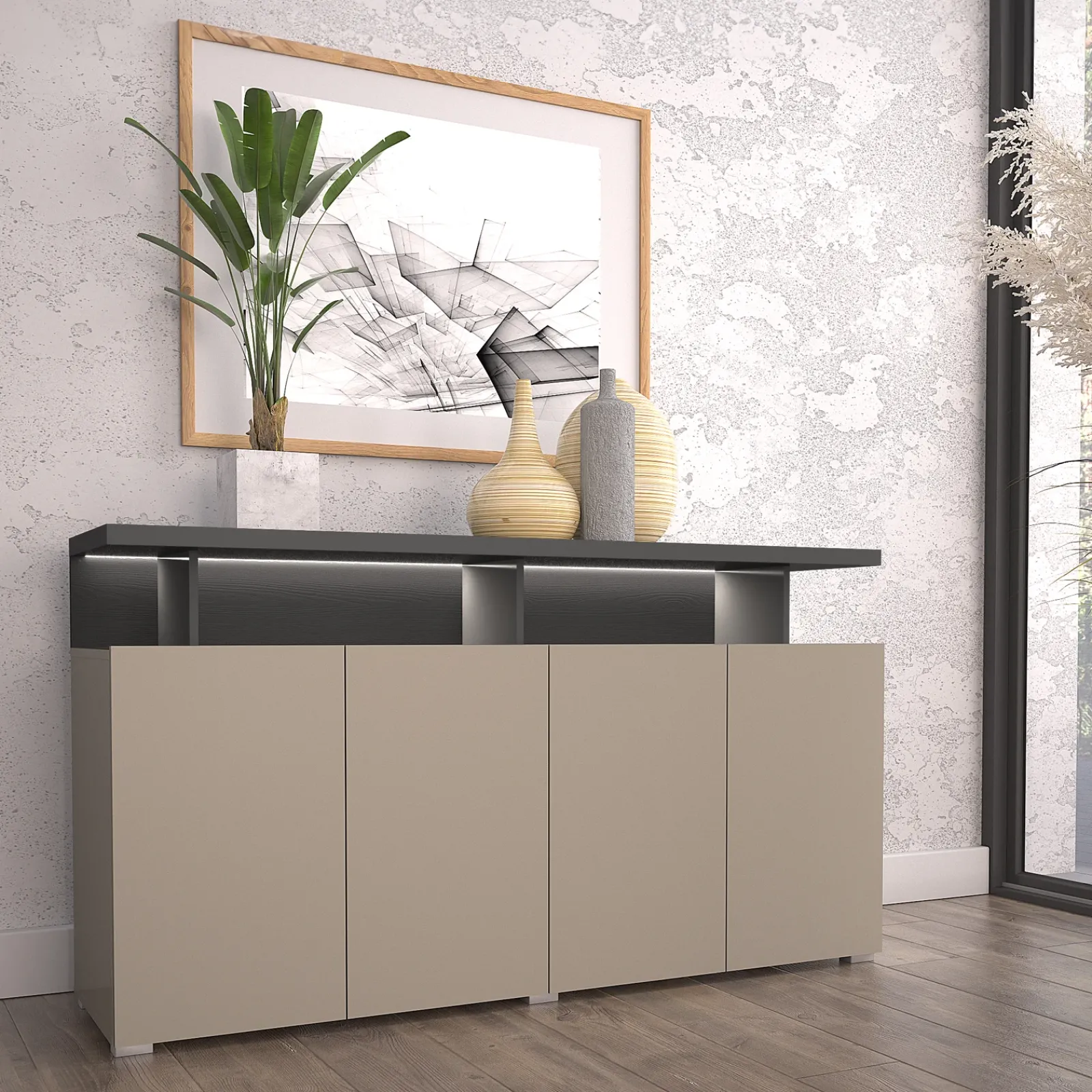 Garnero Arredamenti Credenze Moderne|Madie Moderne-Madia 153x84h cm 4 ante moderna beige grigio Matt