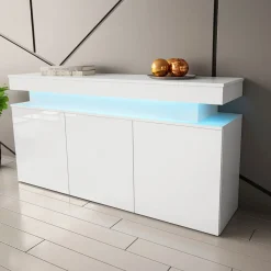 Garnero Arredamenti Credenze Moderne|Madie Moderne-Madia 160x83h cm 3 ante moderna  con led bianco Lumus Bianco Lucido