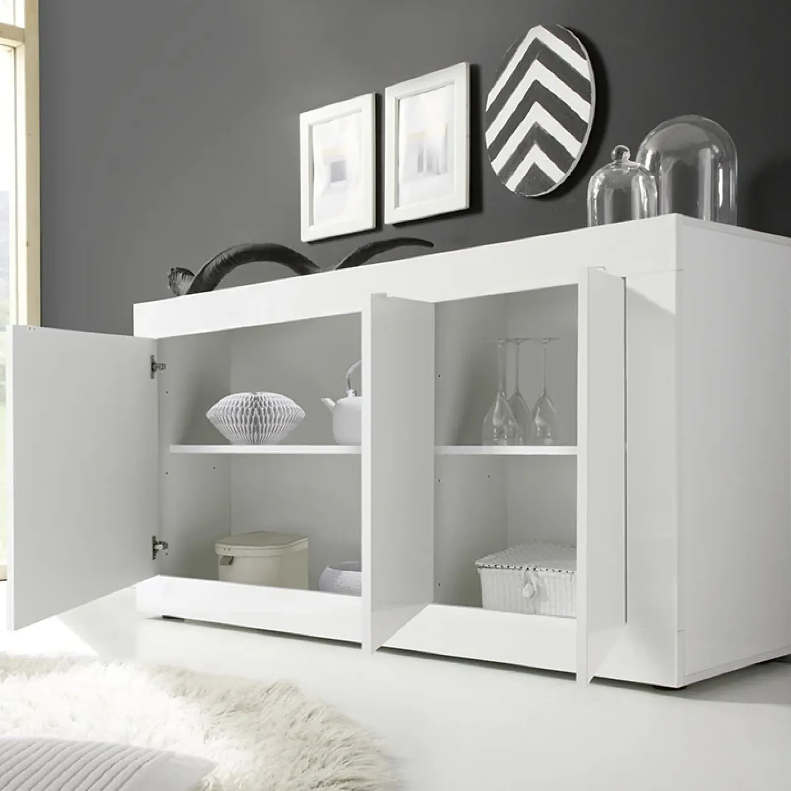 Garnero Arredamenti Credenze Moderne|Madie Moderne-Madia 160x86h cm 3 ante moderna Eternity Bianco Lucido