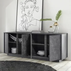 Garnero Arredamenti Credenze Moderne|Madie Moderne-Madia 180x79h cm 4 ante moderna effetto Viking Marmo Nero