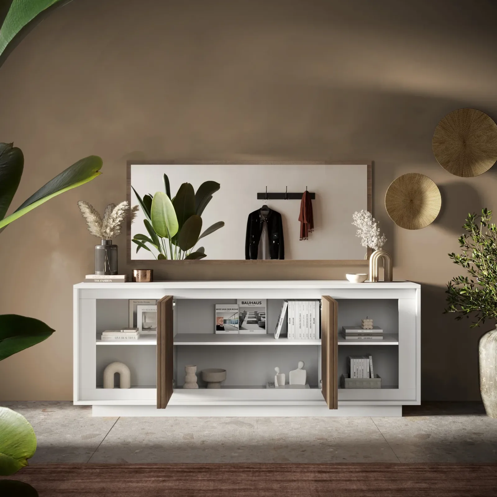 Garnero Arredamenti Credenze Moderne|Madie Moderne-Madia 207x80h cm 4 ante moderna bianco opaco rovere scuro Deluxe Bianco Opaco - Rovere Rustico