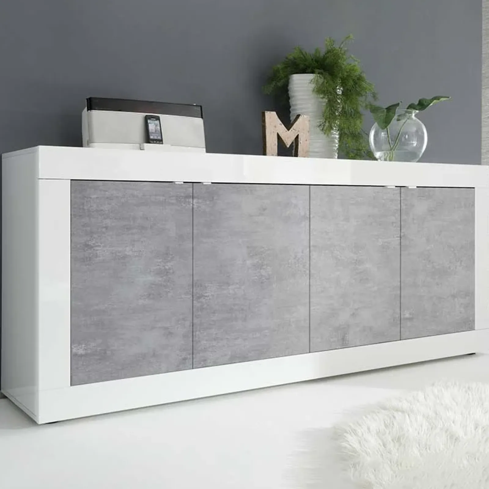 Garnero Arredamenti Credenze Moderne|Madie Moderne-Madia 207x86h cm 4 ante moderna soggiorno bianco lucido cemento Eternity Cemento - Bianco Lucido