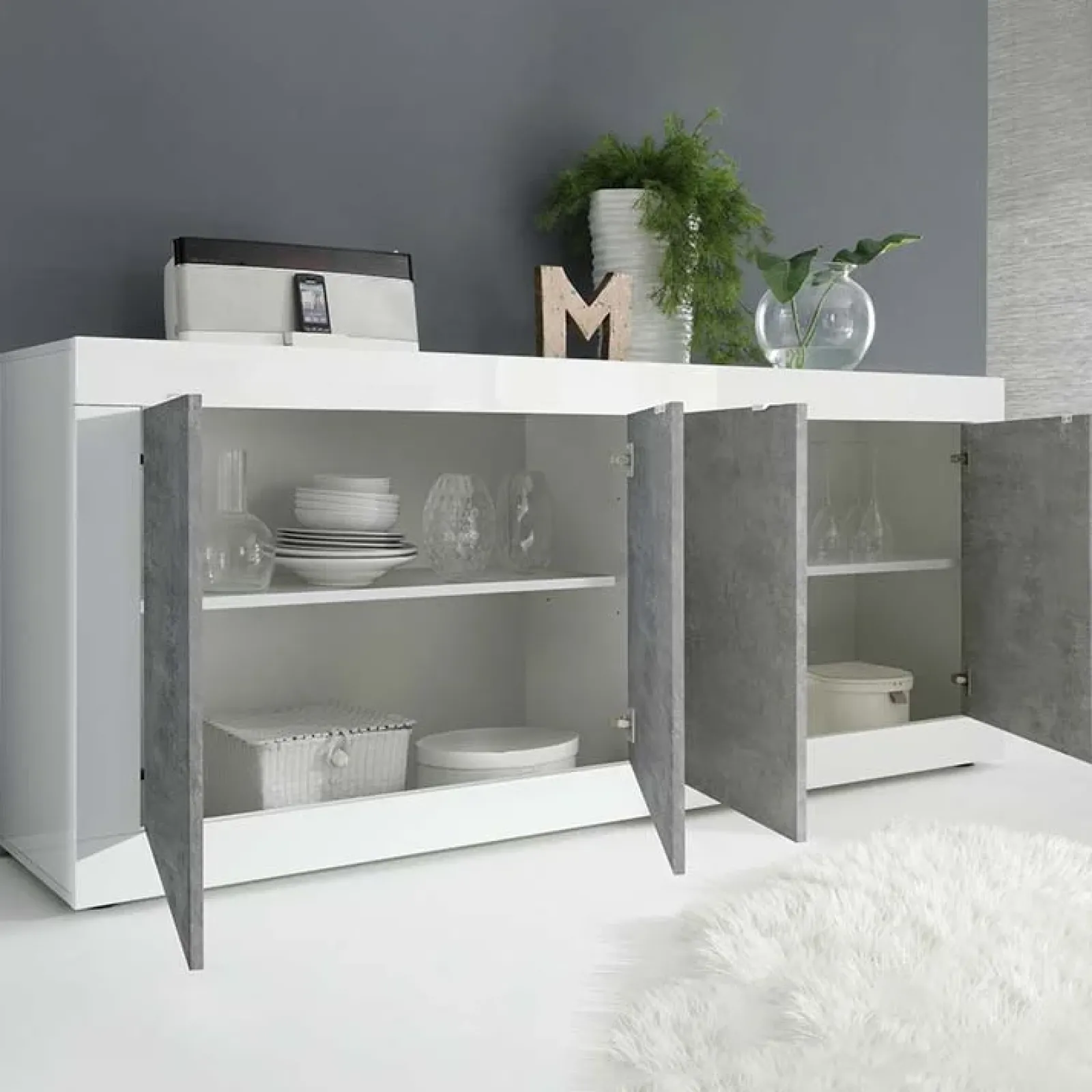 Garnero Arredamenti Credenze Moderne|Madie Moderne-Madia 207x86h cm 4 ante moderna soggiorno bianco lucido cemento Eternity Cemento - Bianco Lucido