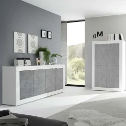 Garnero Arredamenti Credenze Moderne|Madie Moderne-Madia 207x86h cm 4 ante moderna soggiorno bianco lucido cemento Eternity Cemento - Bianco Lucido