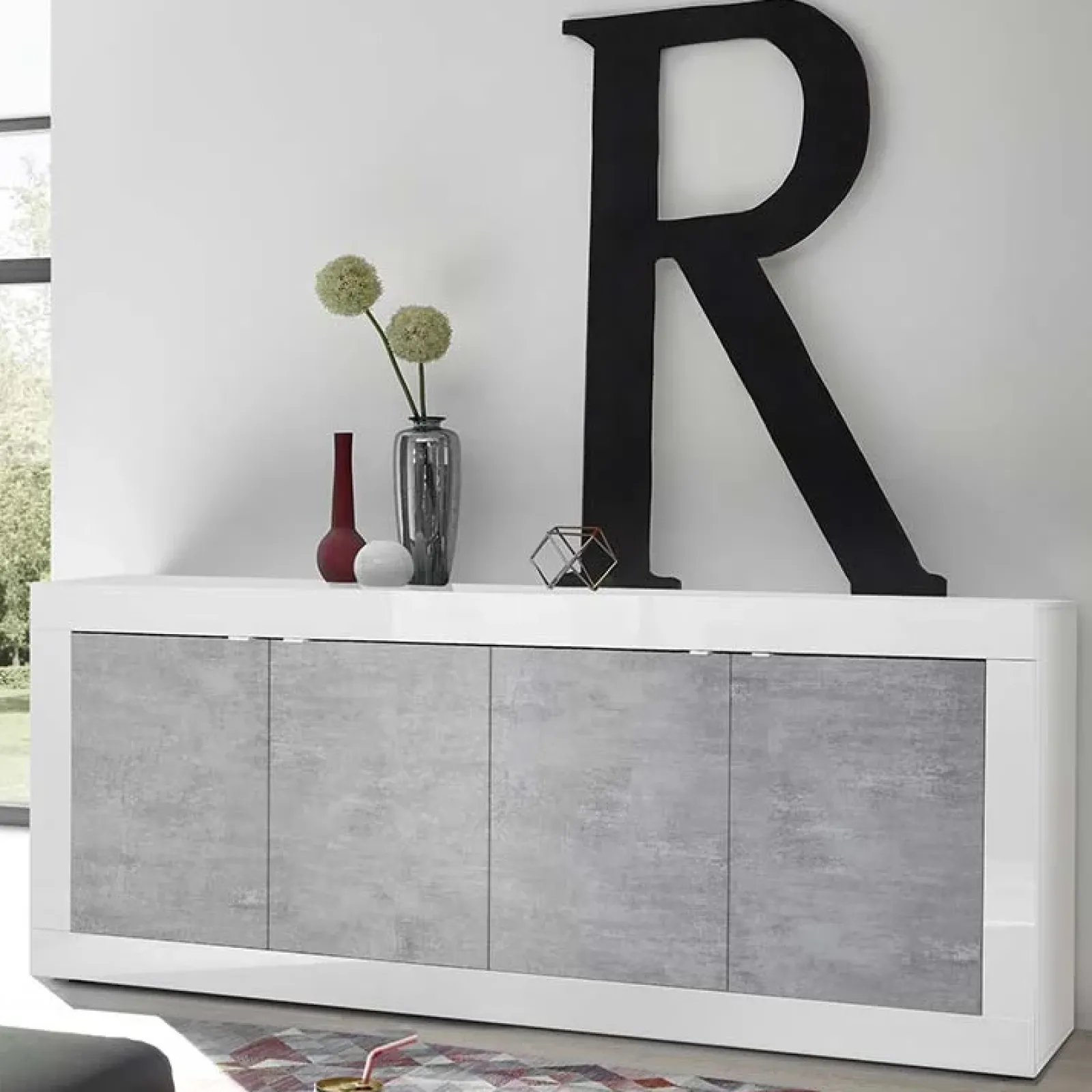 Garnero Arredamenti Credenze Moderne|Madie Moderne-Madia 207x86h cm 4 ante moderna soggiorno bianco lucido cemento Eternity Cemento - Bianco Lucido