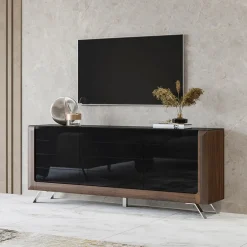 Garnero Arredamenti Madie Moderne|Madie Moderne-Madia 200x81h cm 3 ante moderna noce nero lucido Jumbo Nero Lucido - Noce