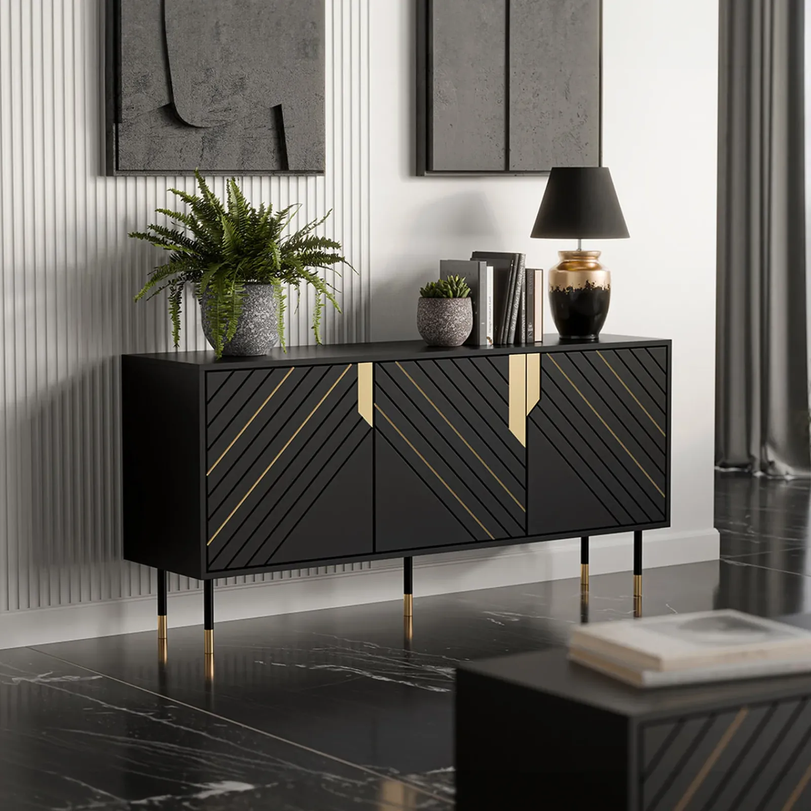 Garnero Arredamenti Credenze Moderne|Madie Moderne-Madia 154x72h cm 3 ante moderna nero oro Golden