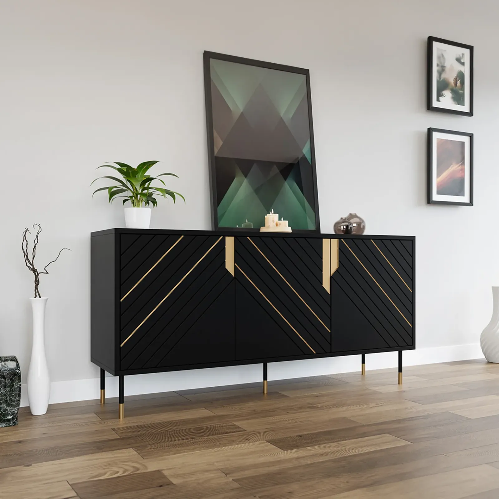 Garnero Arredamenti Credenze Moderne|Madie Moderne-Madia 154x72h cm 3 ante moderna nero oro Golden